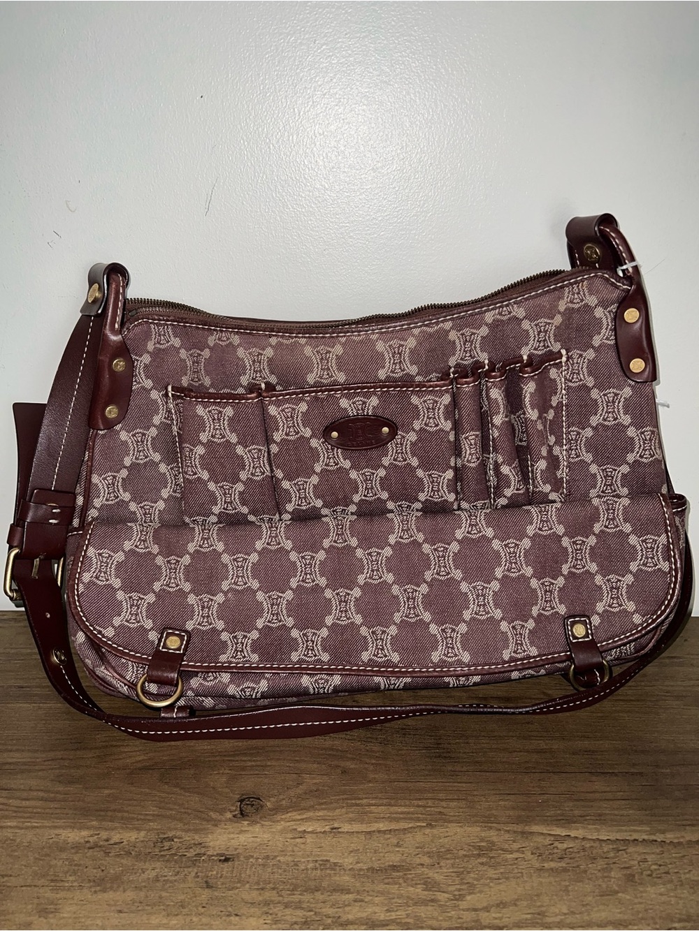 Celine Maroon Triomphe Denim Vintage Shoulder Bag